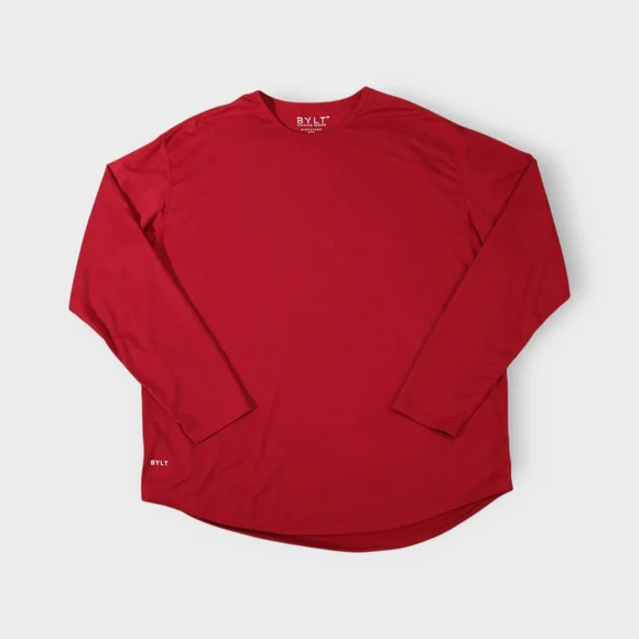 BYLT Shirt Mens 2XL XXL Red Lux Drop Cut Long Sleeve Crew Neck Baselayer Premium - Picture 2 of 5